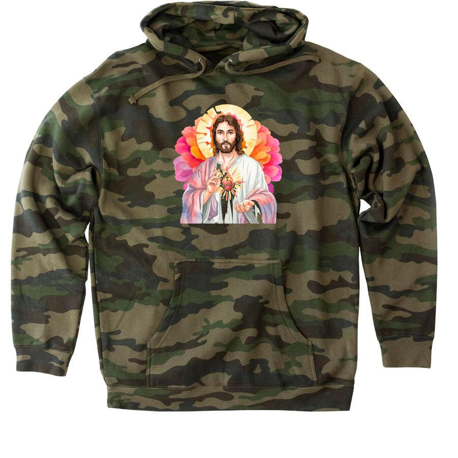 Colorful camoflauge Jesus hoodie with matthew 5:16 on back