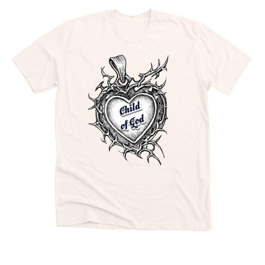 Silver Heart shaped locket with thorns that reads "Child of God" . American Apparel shirt available