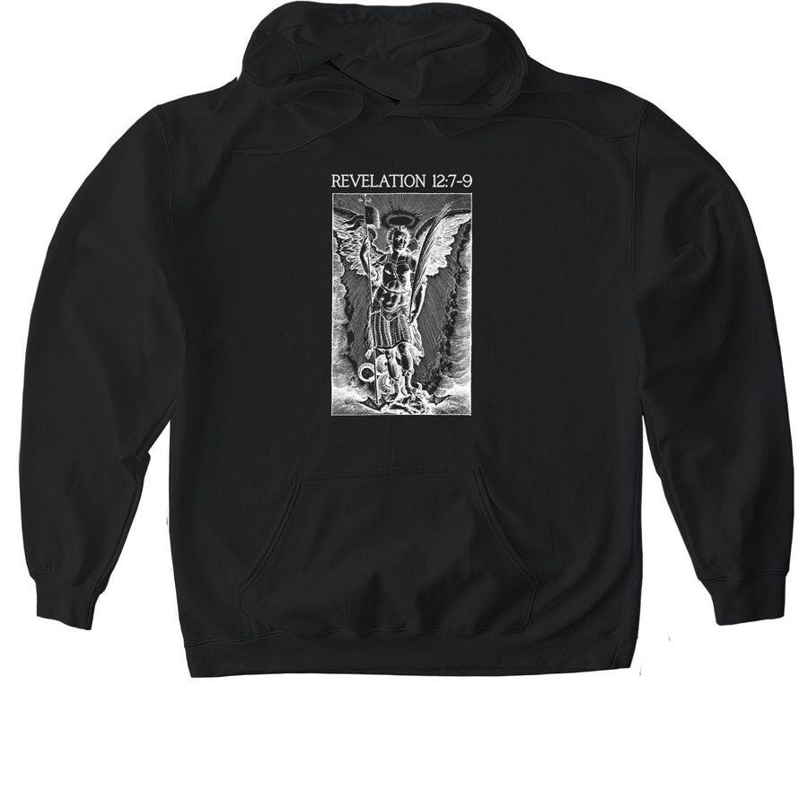 "Et factum est proelium in caelo" written on back of shirt. Gothic Archangel Michael Hoodie. Film egative effect Revelations 12:7-9
