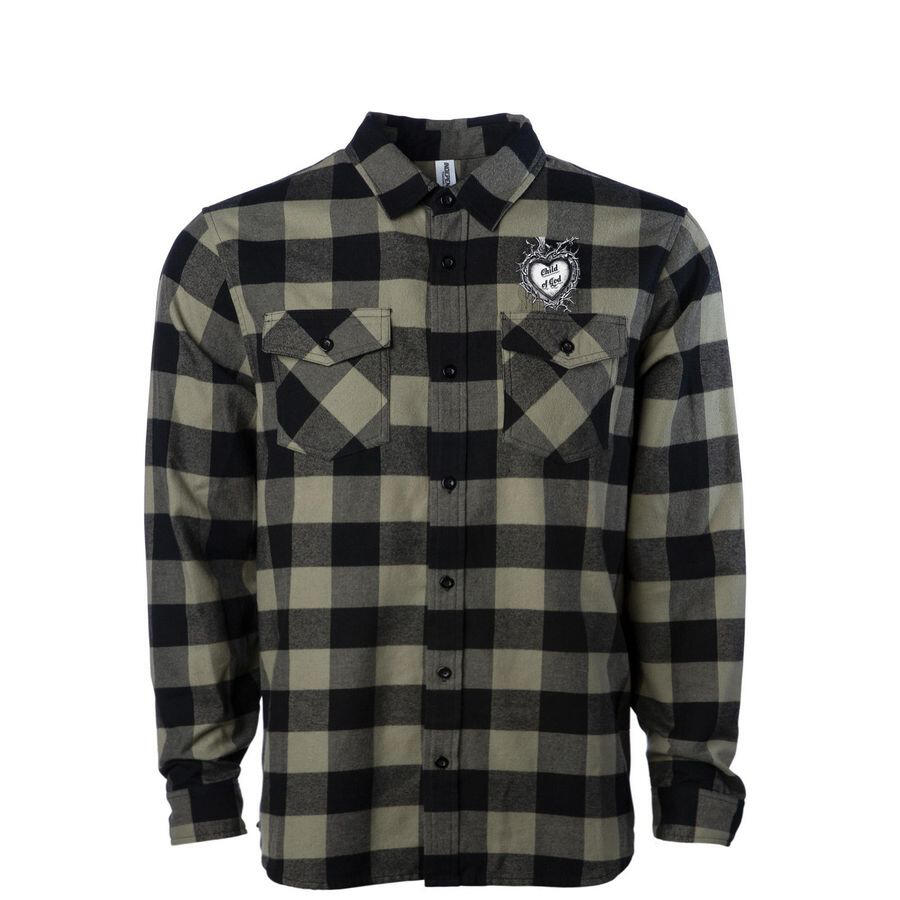 Plaid checkered flannel with heart shaped locket and throns. Child of God.